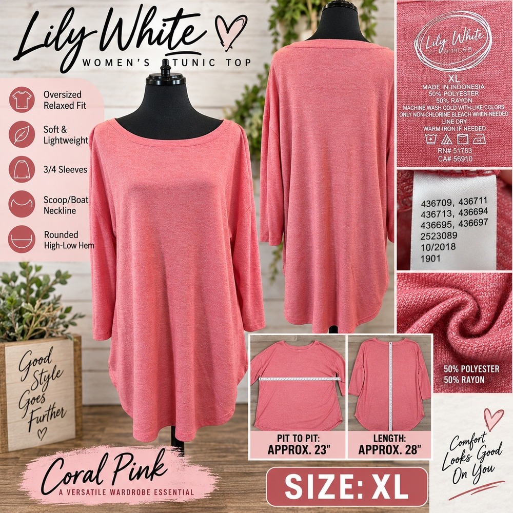Lily White Maurices 24/7 Tunic Top XL Coral Pink 3/4 Sleeve Relaxed Fit 2523089